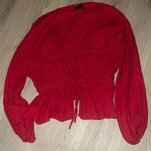 ASOS DESIGN Dark Red Long Sleeve Smock Top Size 14 | Tie-Front
